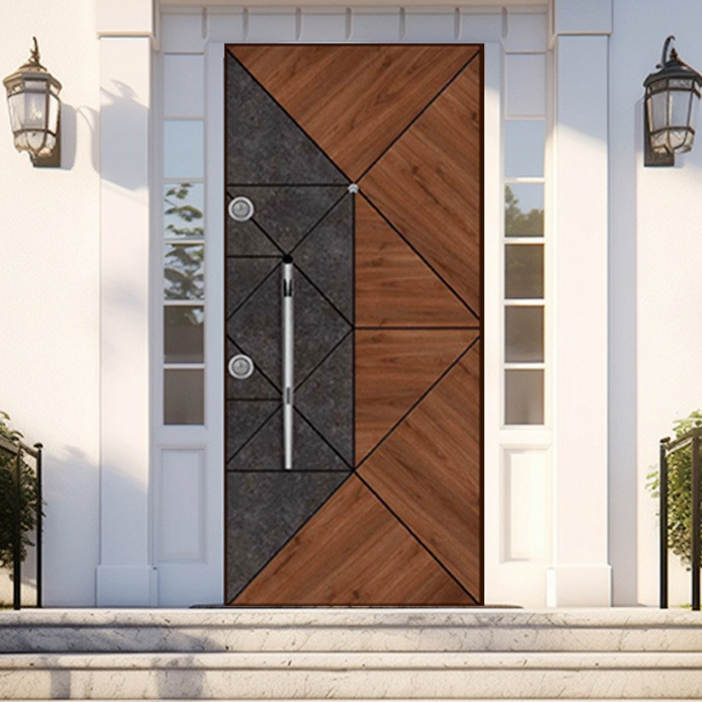 Puerta Exterior Moderna Geométrica de Madera y Piedra