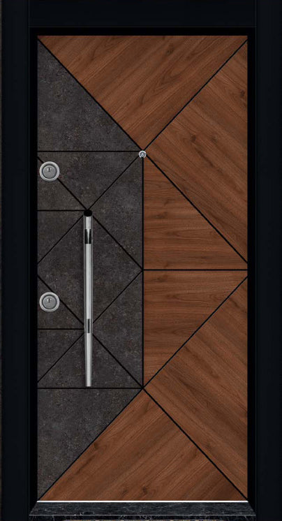 Puerta Exterior Moderna Geométrica de Madera y Piedra